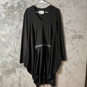 Compli K Asymmetrical Tunic Top Black Draped Hem VNeck Zipper Detail Lagenlook L